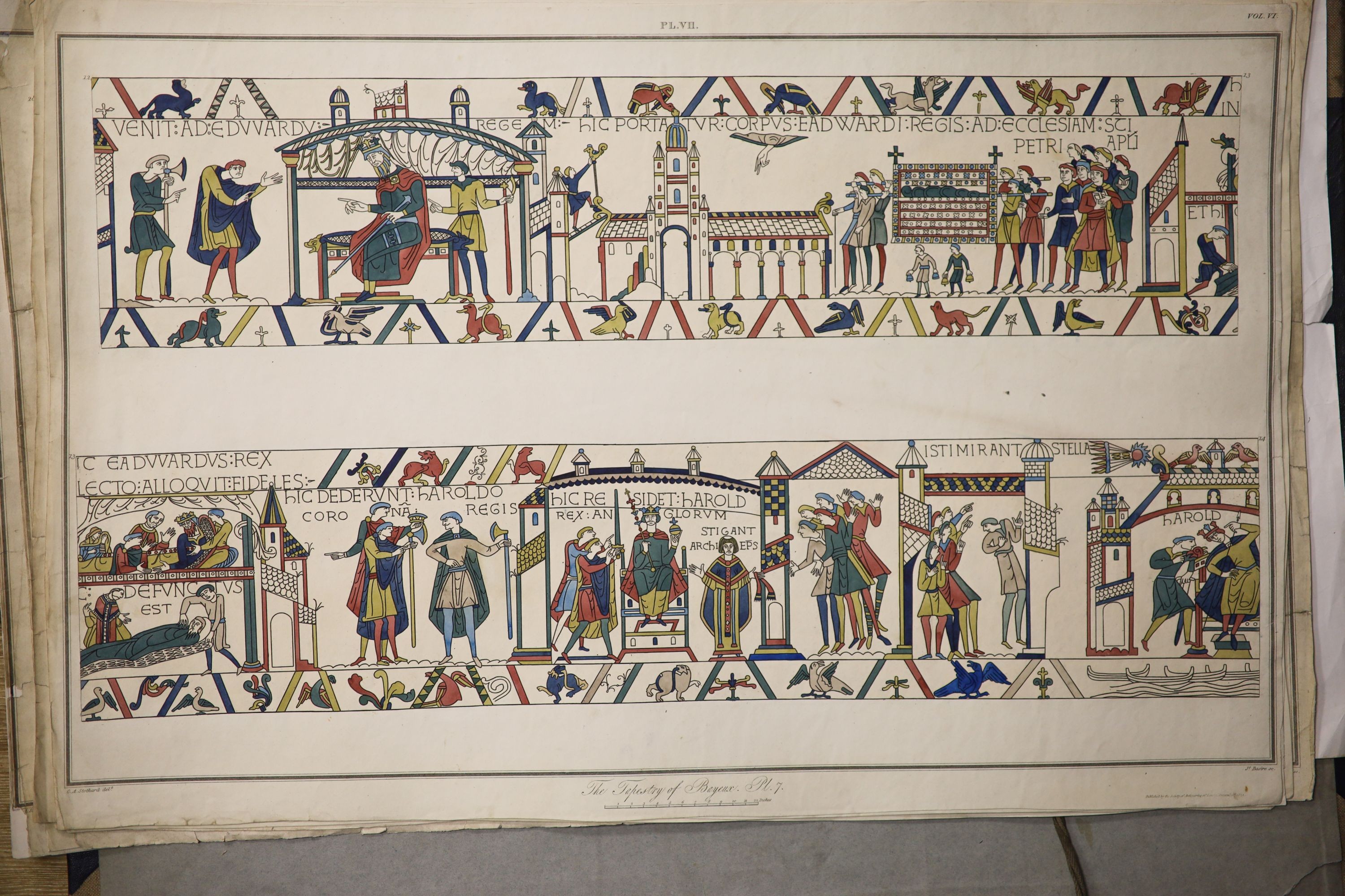 The Tapestry of Bayeaux, a portfolio of coloured lithographs after C. Stothard circa 1822, one plate incomplete 46x70cm